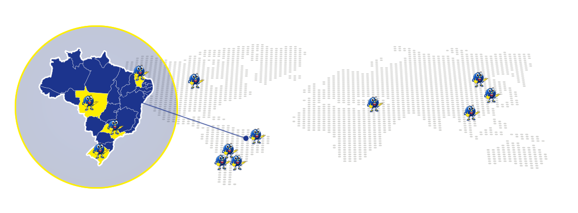 Mapa-múndi com o Brasil ampliado em destaque e marcadores nos países onde o Grupo RKO atua